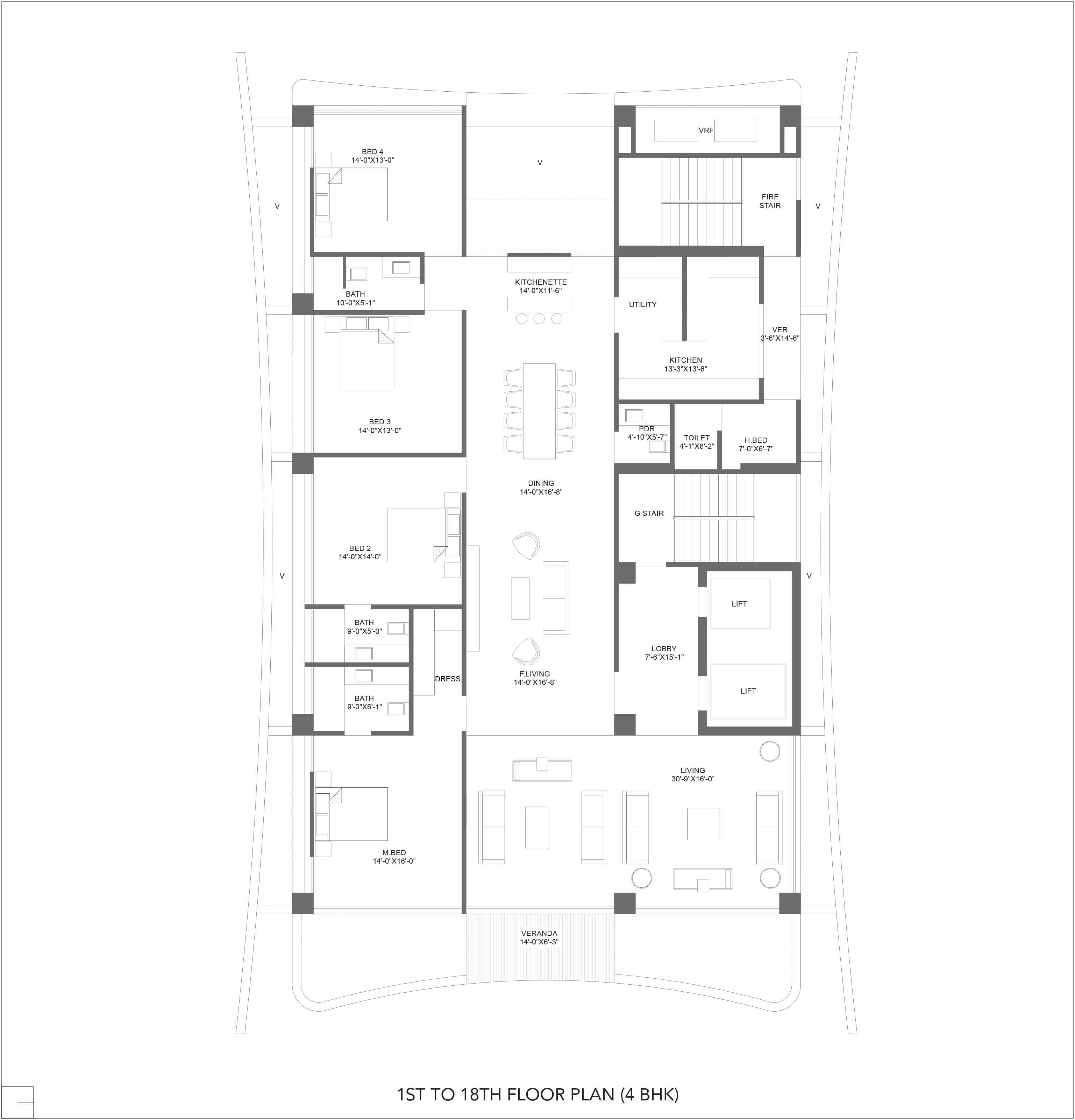 1ST TO 18TH FLOOR PLAN (4 BHK)